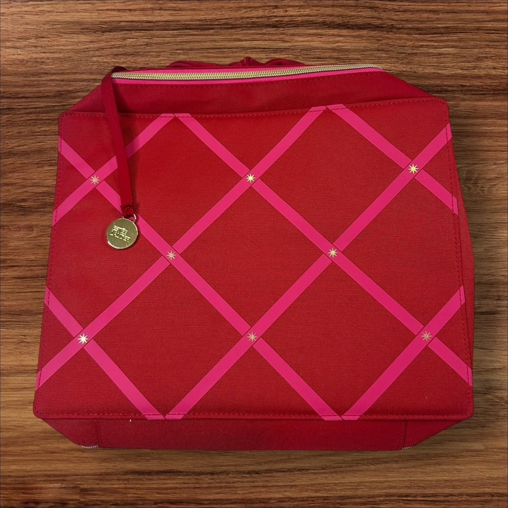 Estee Lauder Red Pink Cosmetic Makeup Bag Travel Bow Gold Zipper‎ Charm